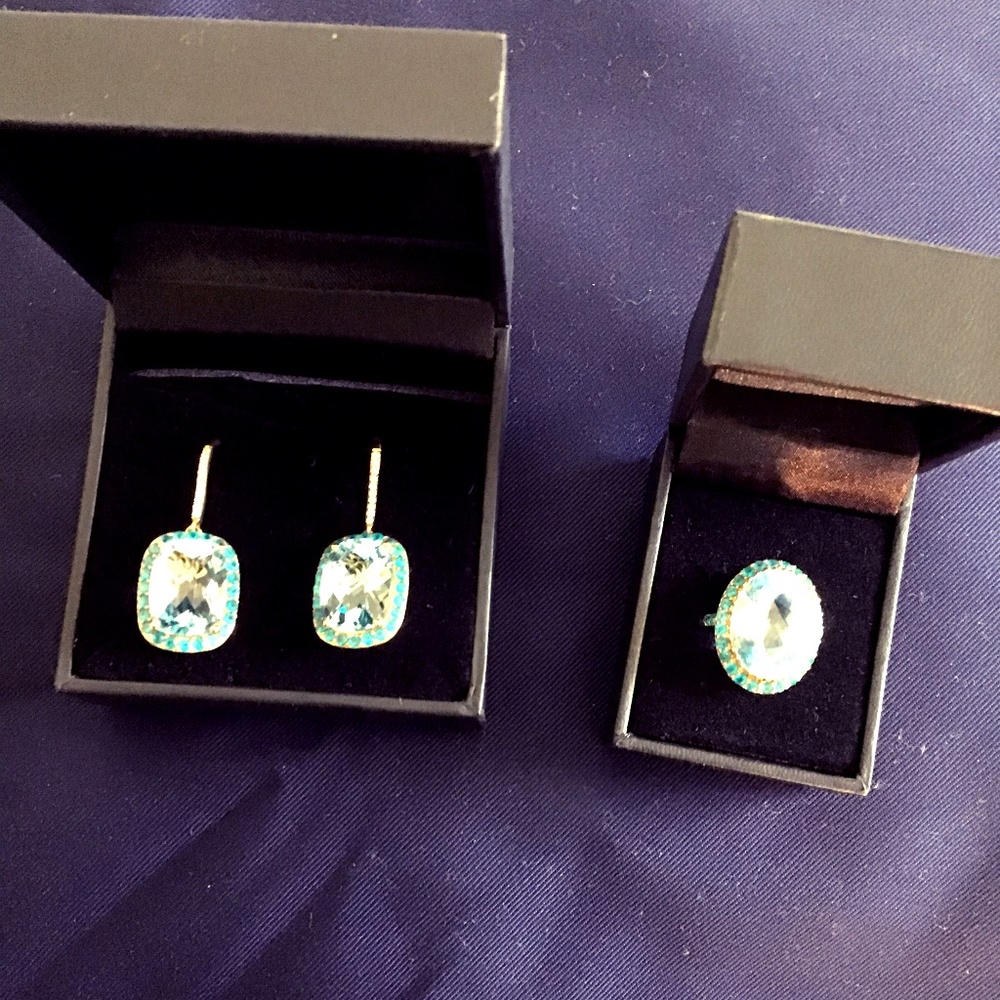 Blue Topaz 25.97 ctw earrings and 15.29 ctw ring